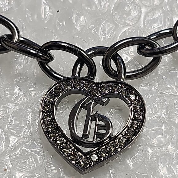 NWT GUESS Logo paved Heart pendant gunmetal 16" link necklace adjustable length - Picture 2 of 7